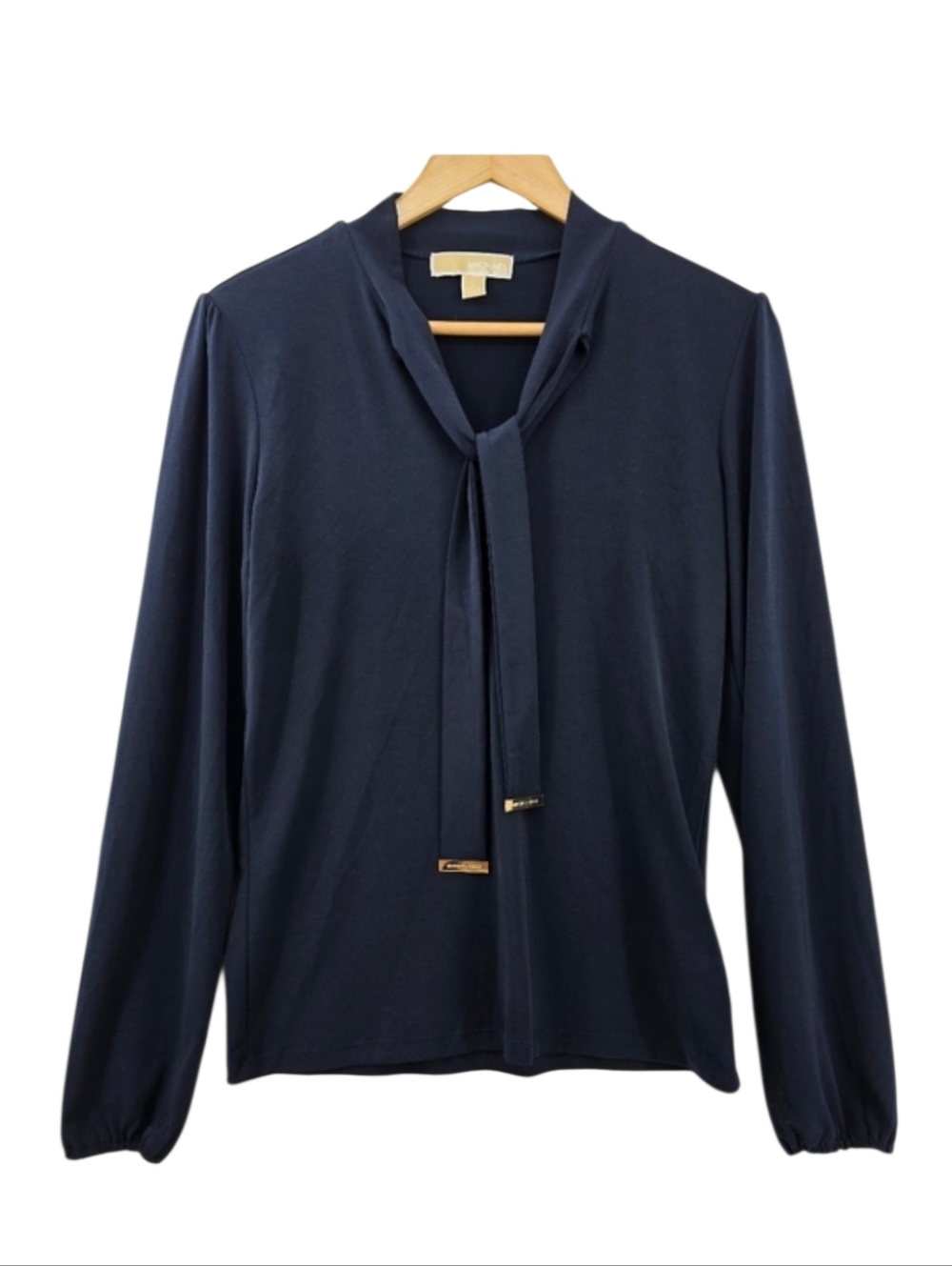 Michael Kors Navy Blue Blouse Tie Neckline Women's Small Gold-tone Hardware